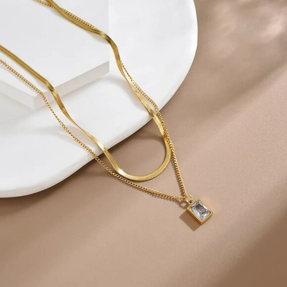 18K Gold Plated Crystal Glass Pendant Necklace For Women Double Snake Chain - Picture 4 of 7